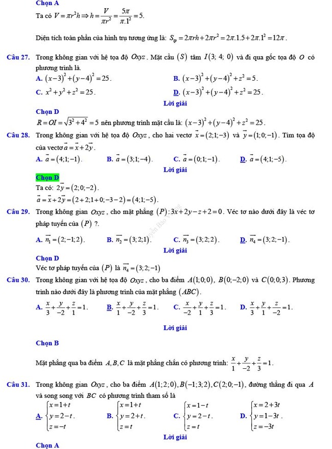 Đáp án đề thi thử THPT Quốc gia 2022 môn Toán Đề số 20