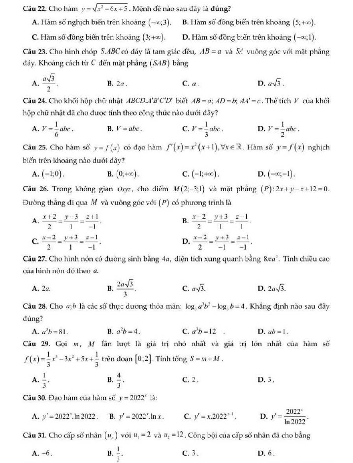 Đề thi thử THPT Quốc gia 2022 môn Toán Liên Trường - Hà Tĩnh