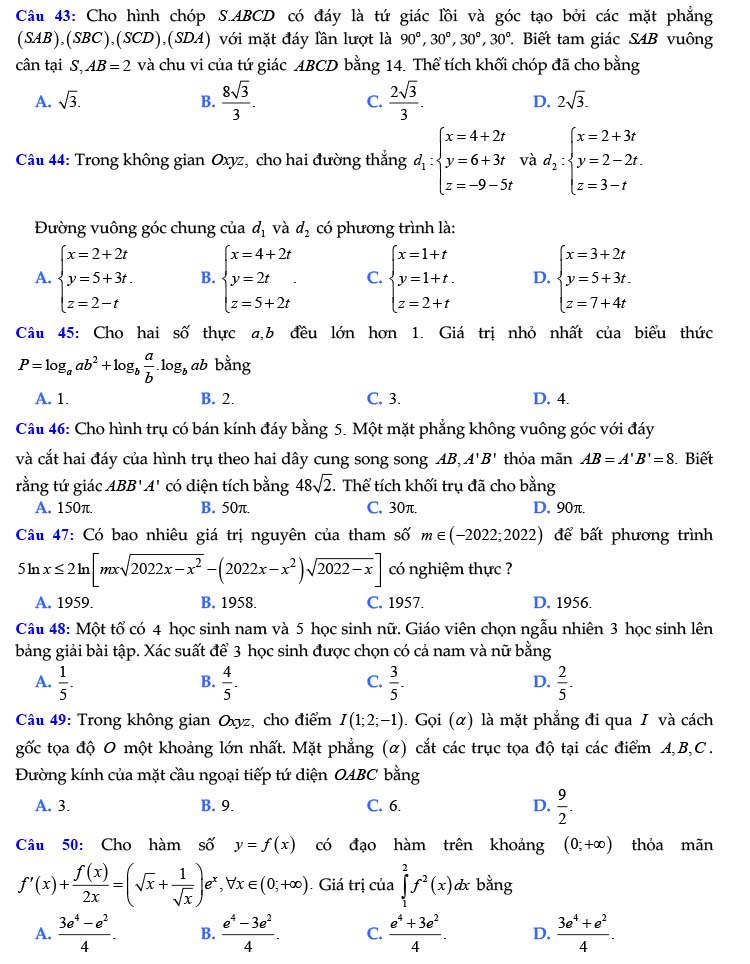 Đề thi thử THPT Quốc gia 2022 môn Toán Nguyễn Đình Chiểu - Tiền Giang