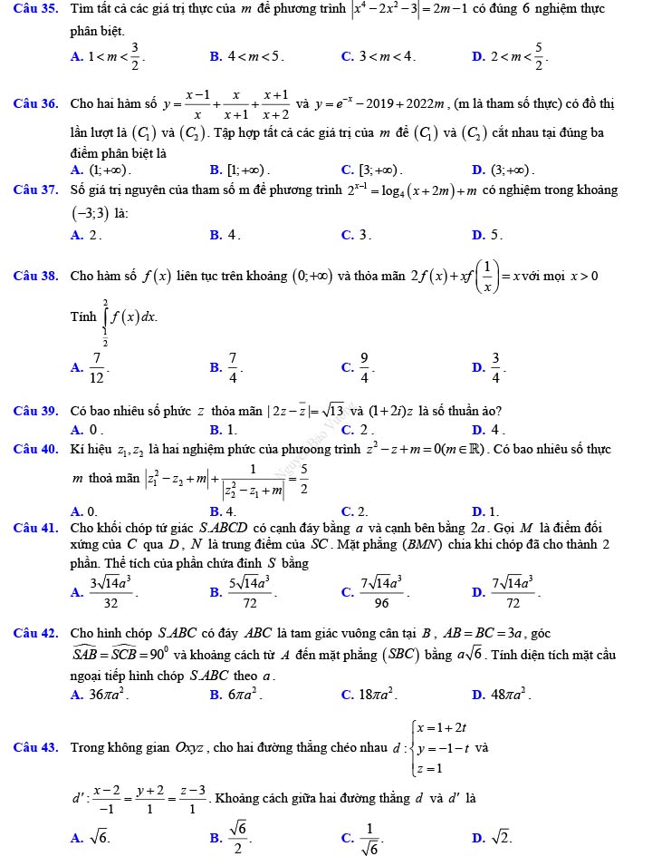 Đề thi thử THPT Quốc gia 2022 môn Toán Đề số 13