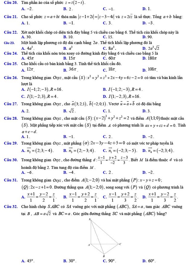 Đề thi thử THPT Quốc gia 2022 môn Toán Đề số 15