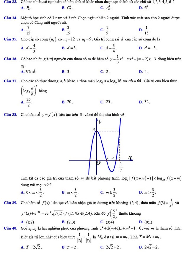 Đề thi thử THPT Quốc gia 2022 môn Toán Đề số 15