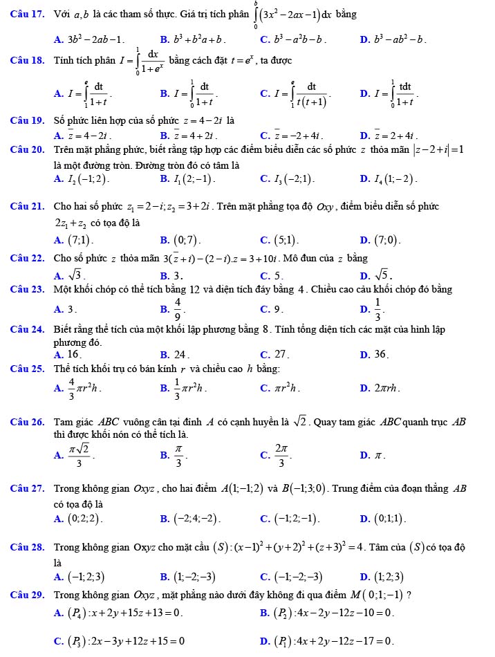Đề thi thử THPT Quốc gia 2022 môn Toán Đề số 16