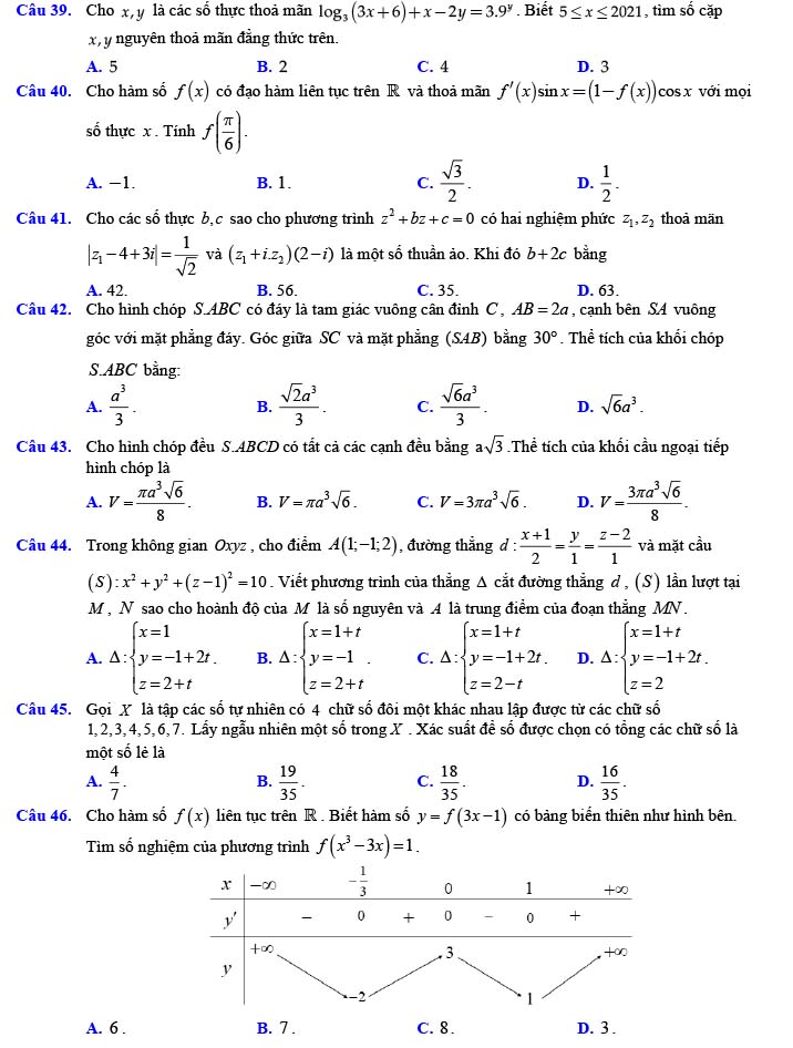 Đề thi thử THPT Quốc gia 2022 môn Toán Đề số 16