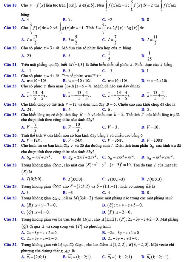 Đề thi thử THPT Quốc gia 2022 môn Toán Đề số 18