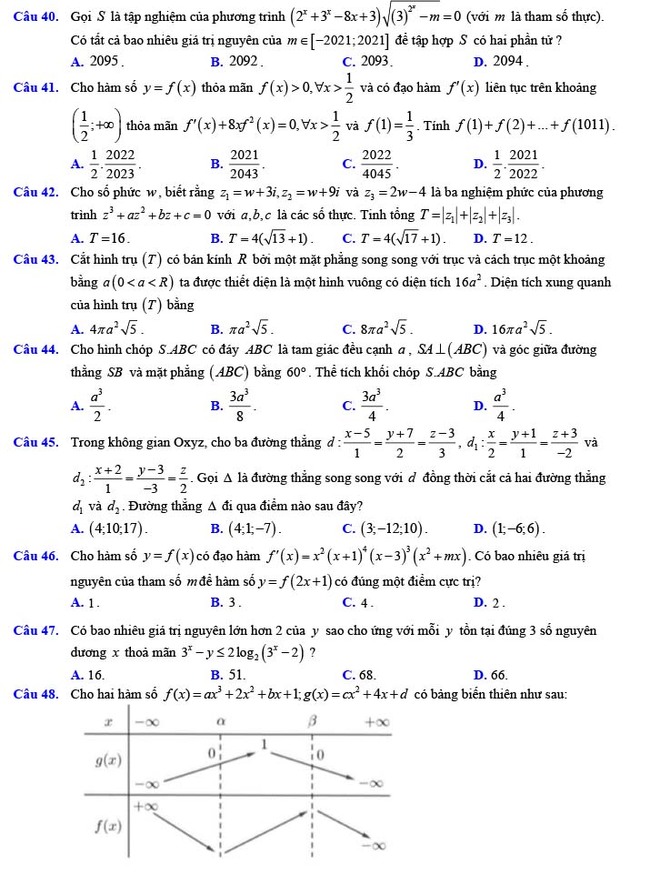 Đề thi thử THPT Quốc gia 2022 môn Toán Đề số 18