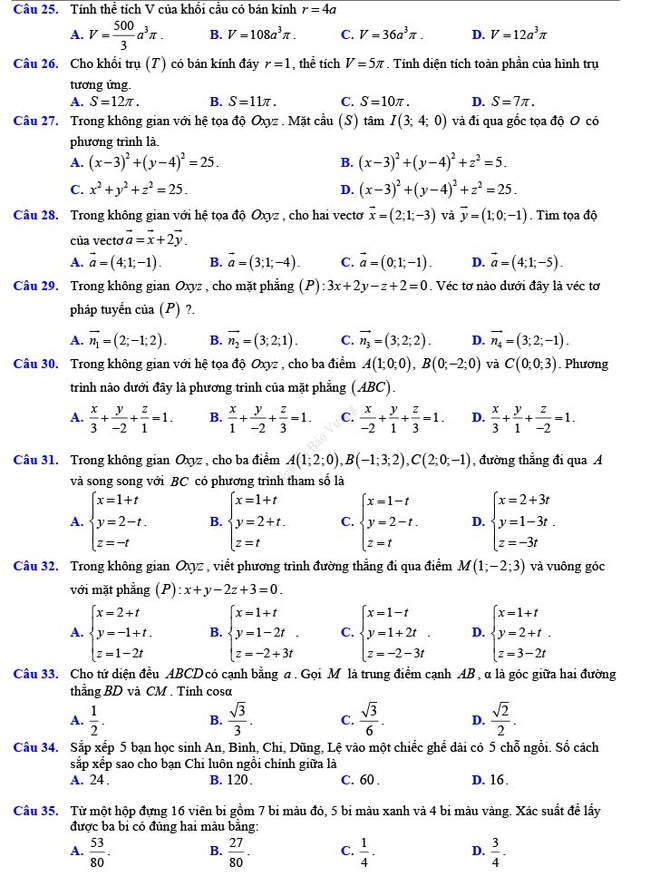 Đề thi thử THPT Quốc gia 2022 môn Toán Đề số 20