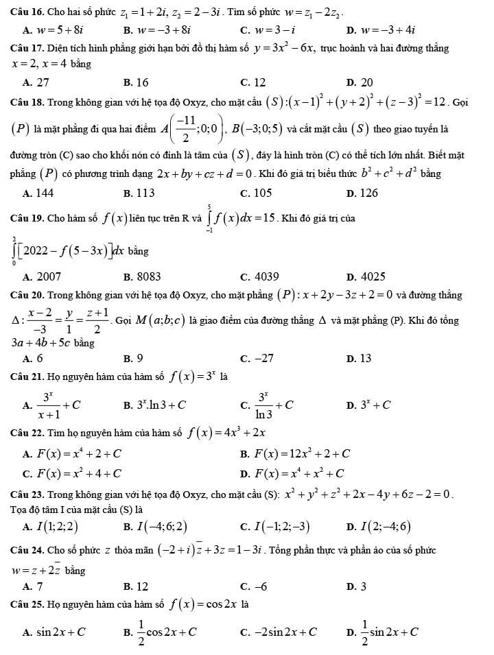Đề KSCL học kì 2 môn Toán THPT Ngô Gia Tự năm 2022