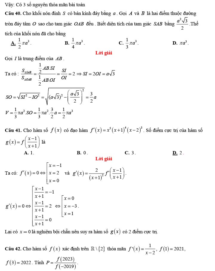 Đề thi thử THPT Quốc gia 2022 môn Toán Chuyên Hùng Vương - Gia Lai (lần 1)