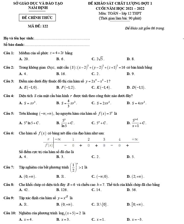 Đề thi thử THPT Quốc gia 2022 môn Toán Sở GD&ĐT Nam Định (lần 1)