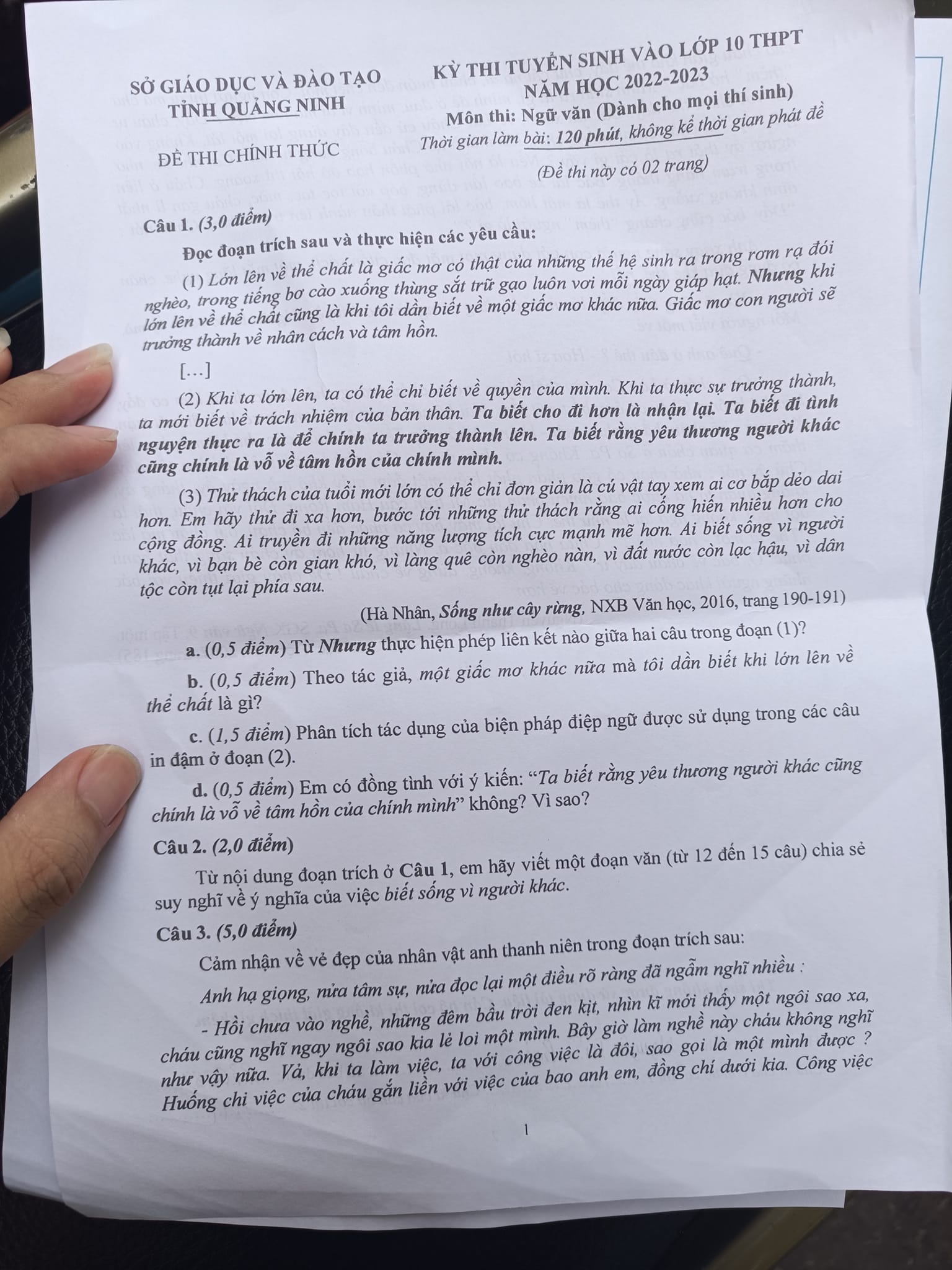 Đề thi vào 10 môn Văn