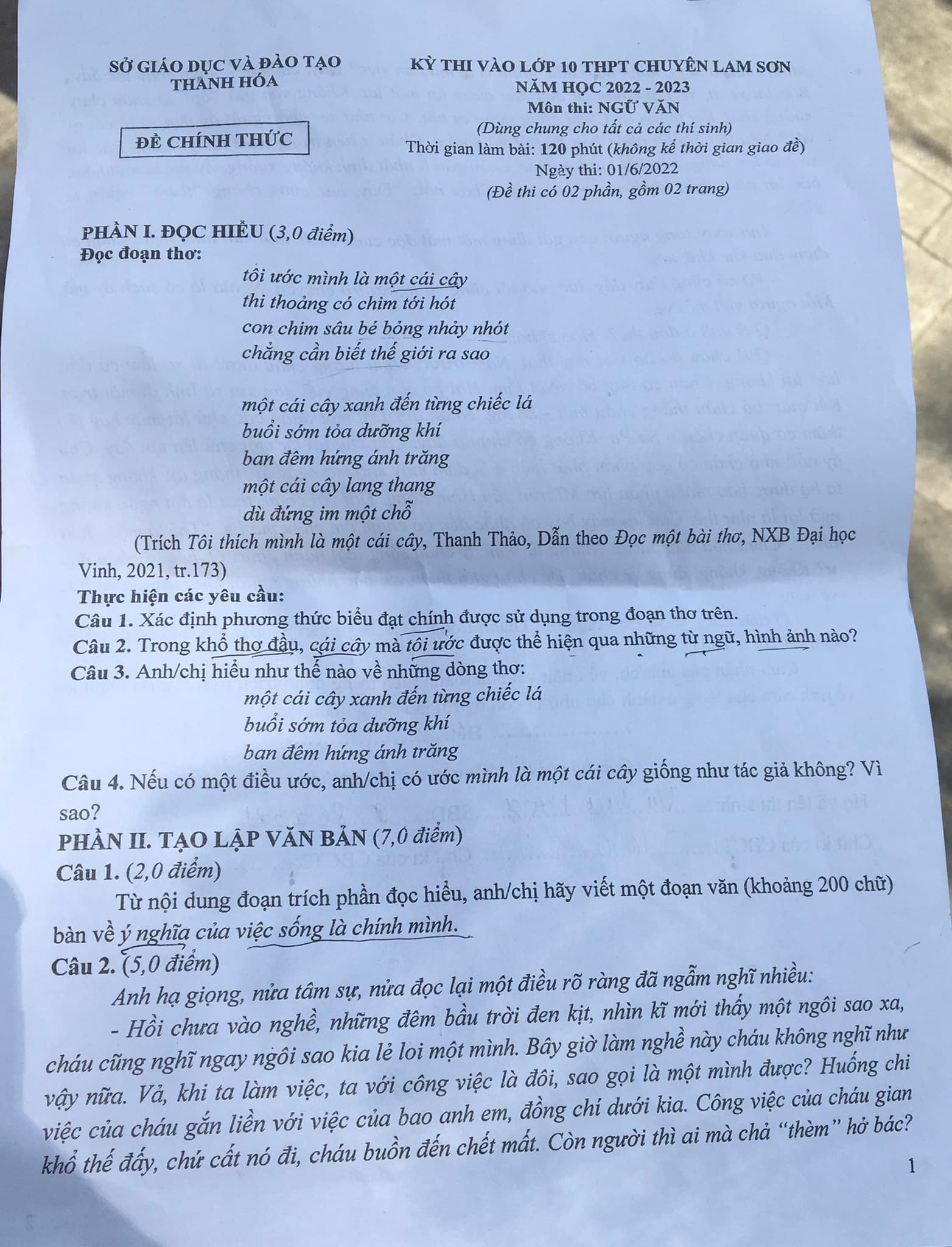 Đề thi vào lớp 10 môn Văn