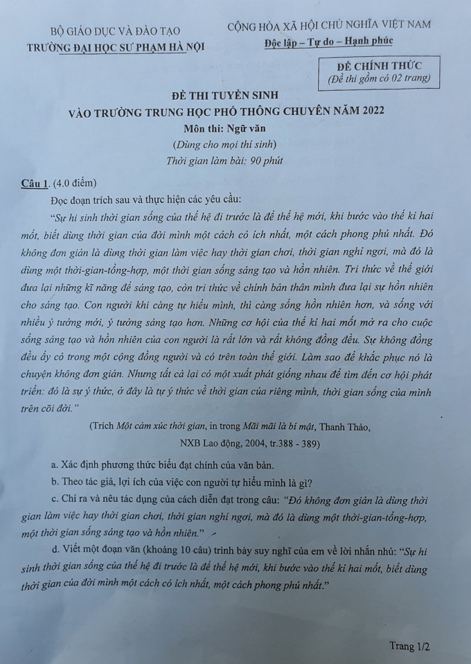 Đề Văn trường chuyên Sư phạm Hà Nội