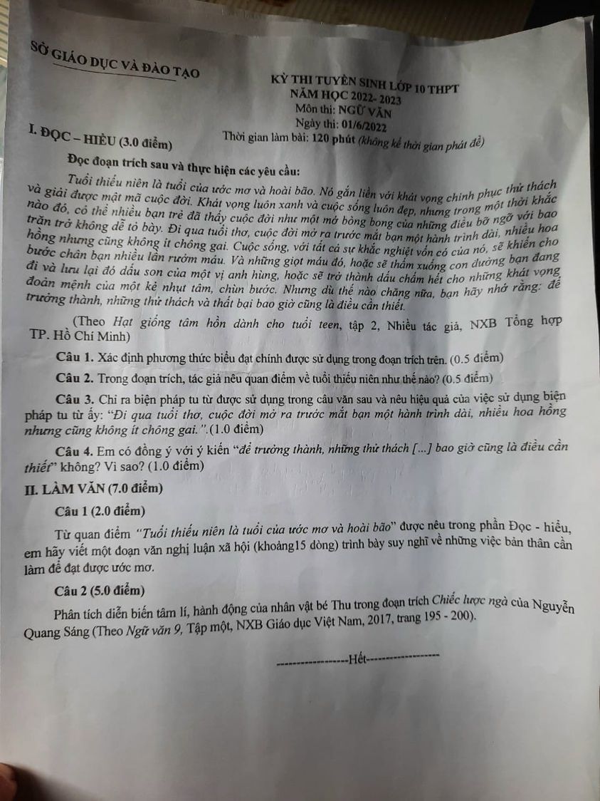 Đề thi vào lớp 10 môn Văn