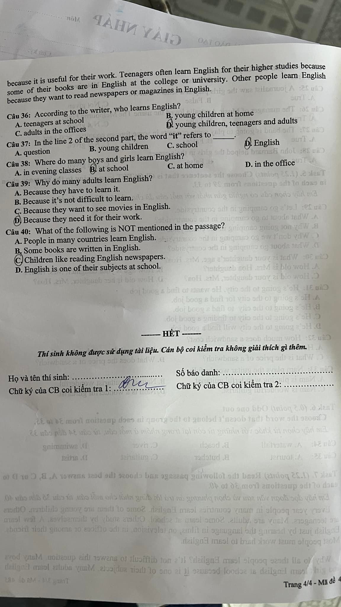 Đề thi vào lớp 6 môn Anh