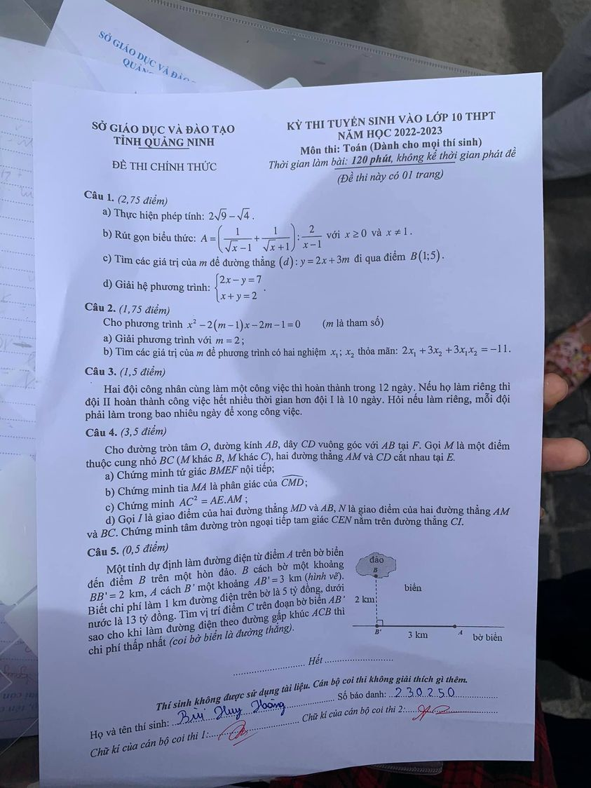 Đề thi Toán vào 10 tỉnh Quảng Ninh 2022