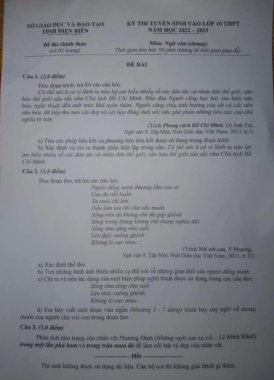 Đề thi môn Văn vào lớp 10 tỉnh Điện Biên năm 2022