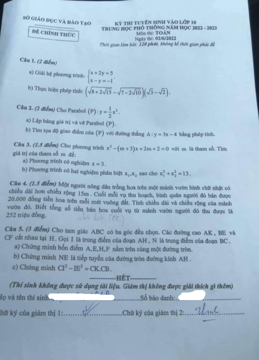 Đề thi vào 10 môn Toán tỉnh Bình Dương