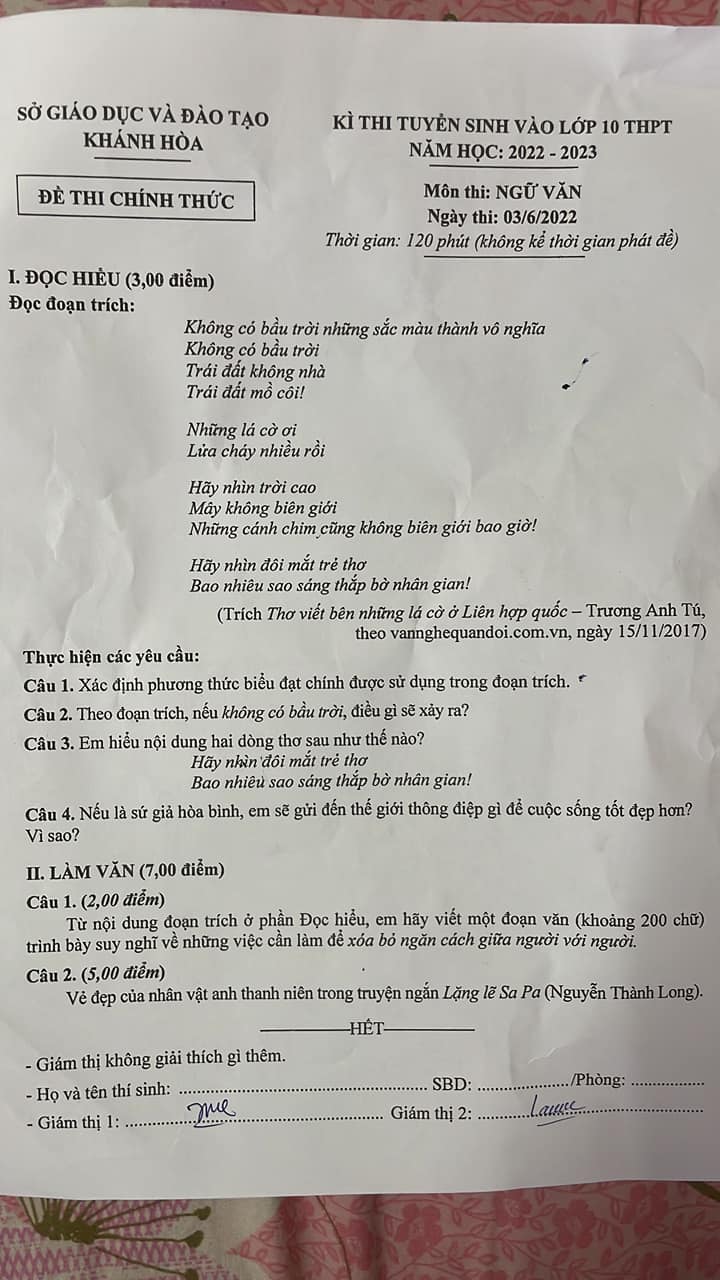 Đề thi Văn Khánh Hòa 2022