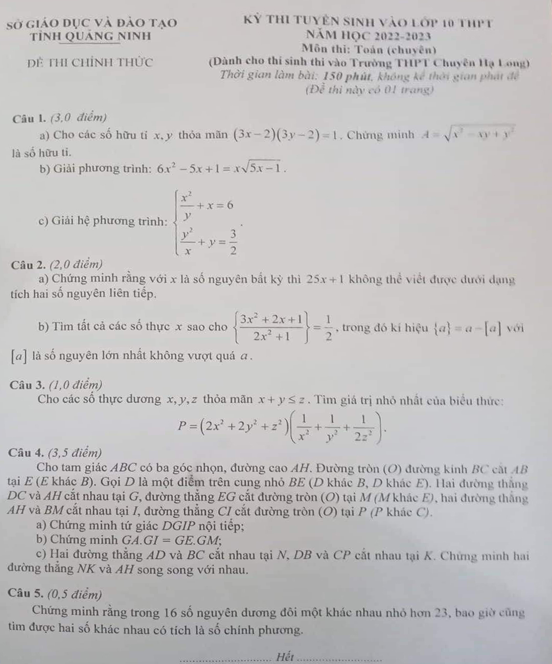 Đề thi vào lớp 10 chuyên Toán THPT Chuyên Hạ Long năm 2022
