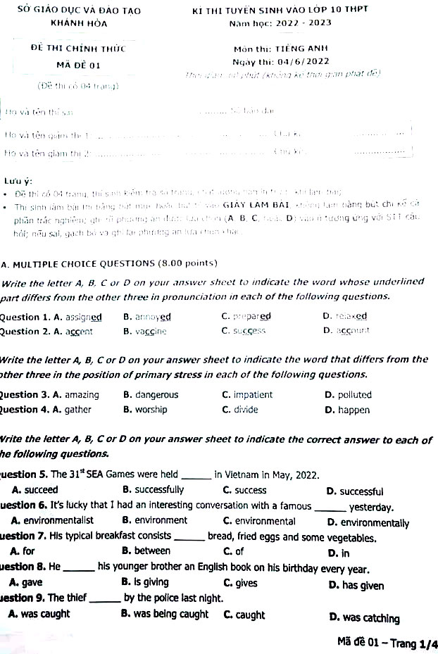 Đáp án đề thi vào 10 môn Anh Khánh Hòa