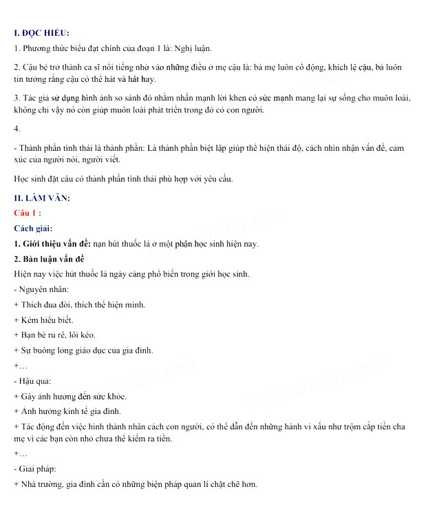 Đáp án thi vào 10 môn Văn Vĩnh Long 2022