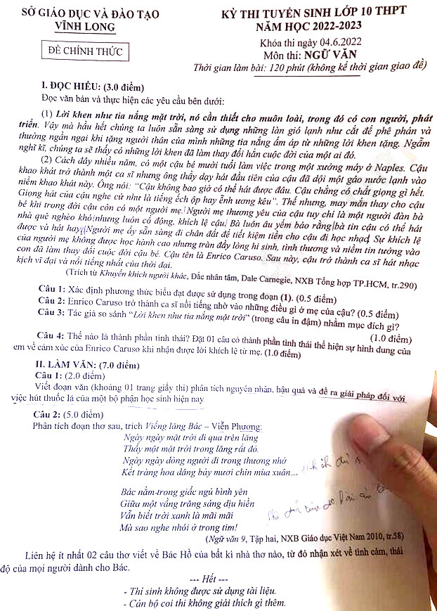 Đề thi vào lớp 10 môn Văn Vĩnh Long 2022