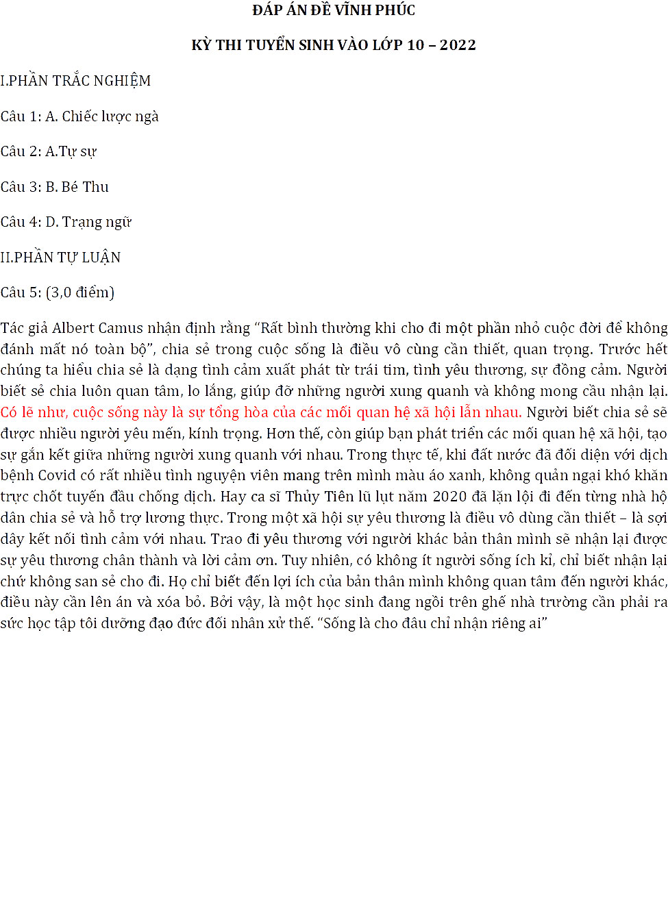 Đáp án đề thi vào 10 môn Văn Vĩnh Phúc 2022