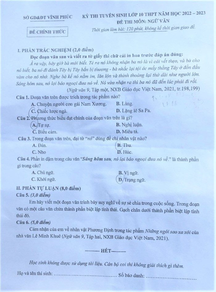 Đề thi vào lớp 10 môn Ngữ văn tỉnh Vĩnh Phúc năm 2022