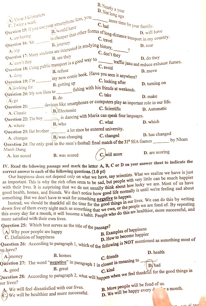 Đáp án thi vào 10 môn Anh Bắc Giang