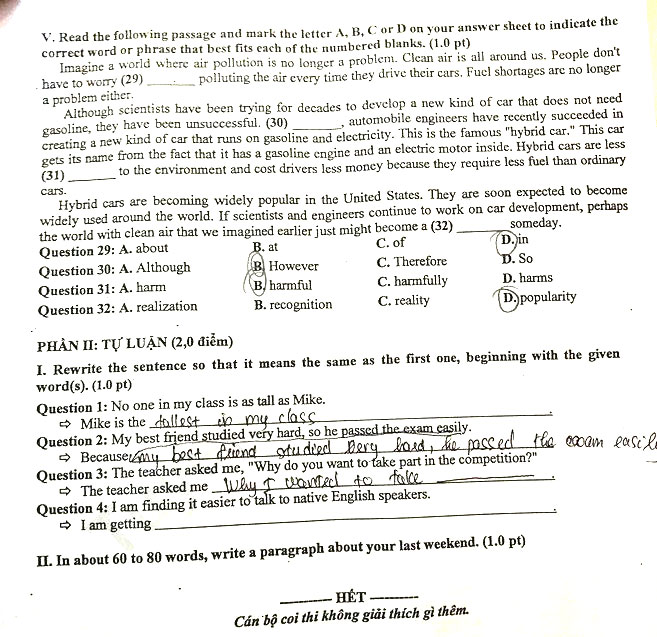 Đáp án thi vào 10 môn Anh Bắc Giang