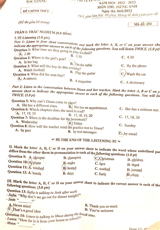 Đáp án thi vào 10 môn Anh Bắc Giang