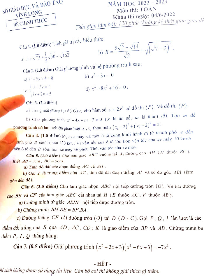 Đáp án thi vào 10 môn Toán Vĩnh Long