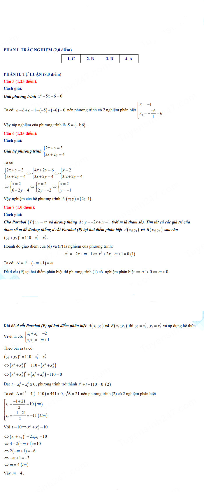 Đáp án thi vào 10 Toán Vĩnh Phúc