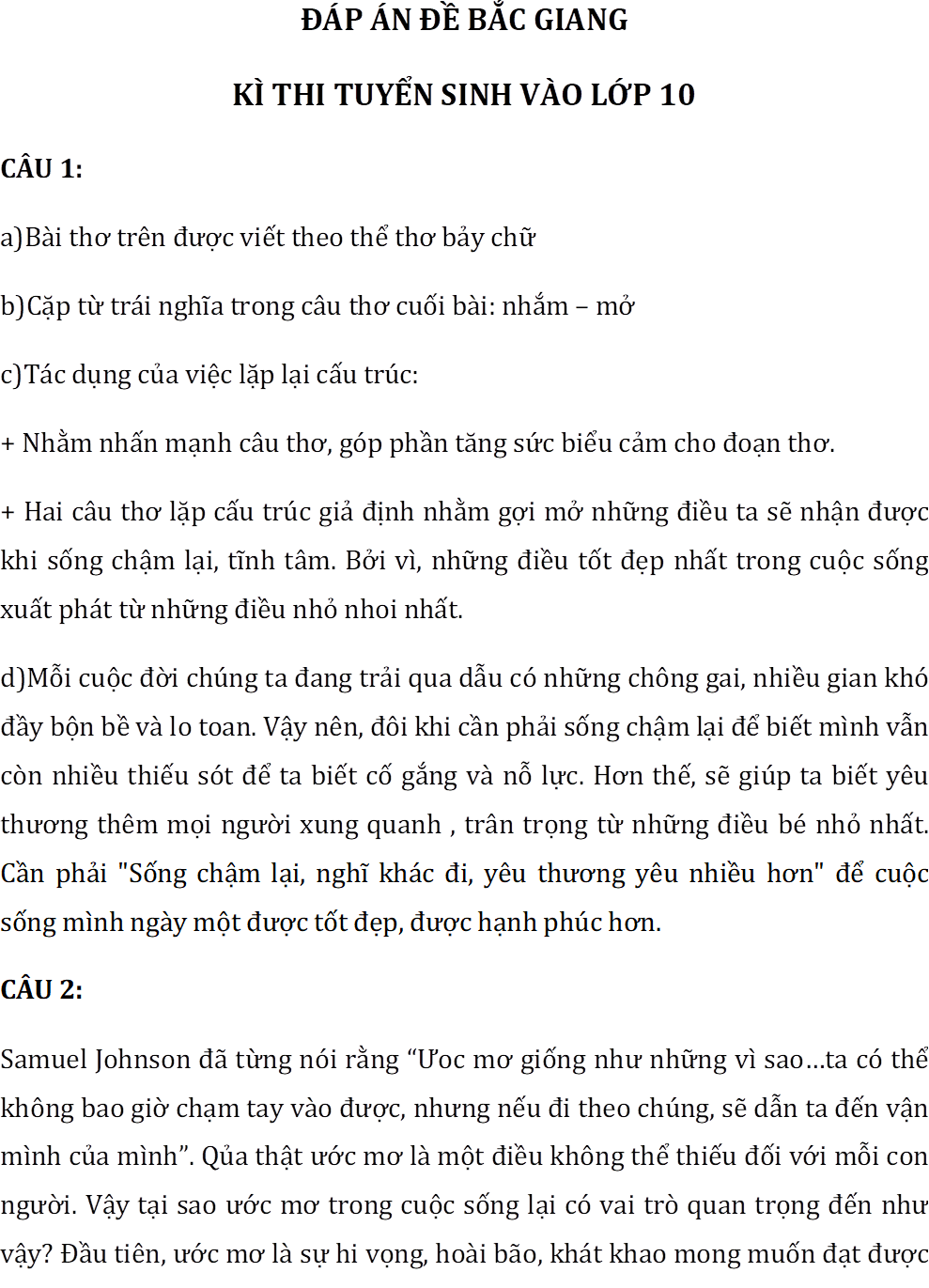 Đáp án thi vào 10 môn Văn Bắc Giang