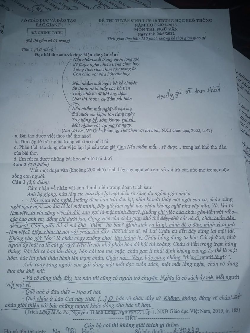 Đề thi văn vào lớp 10 Bắc Giang