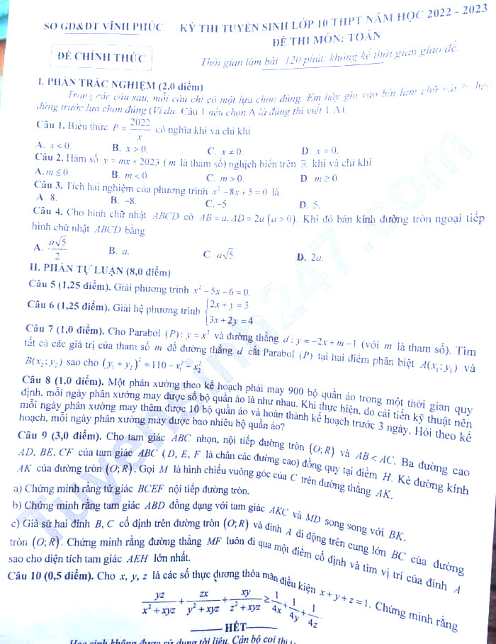 Đề thi vào 10 Toán Vĩnh Phúc