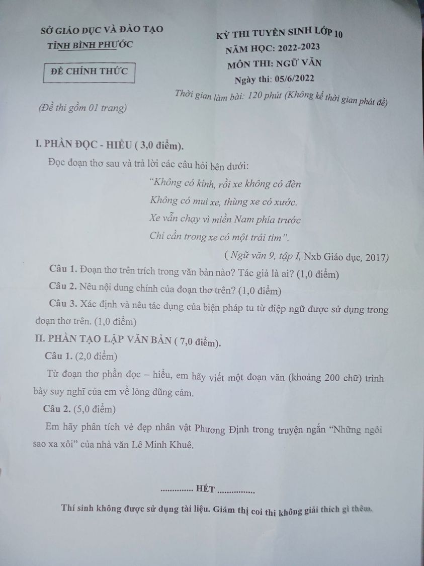 Đề thi vào 10 Văn Bình Phước