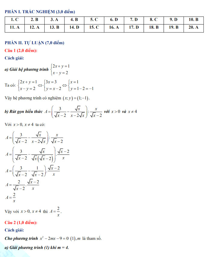 Đáp án thi vào 10 Toán Bắc Giang