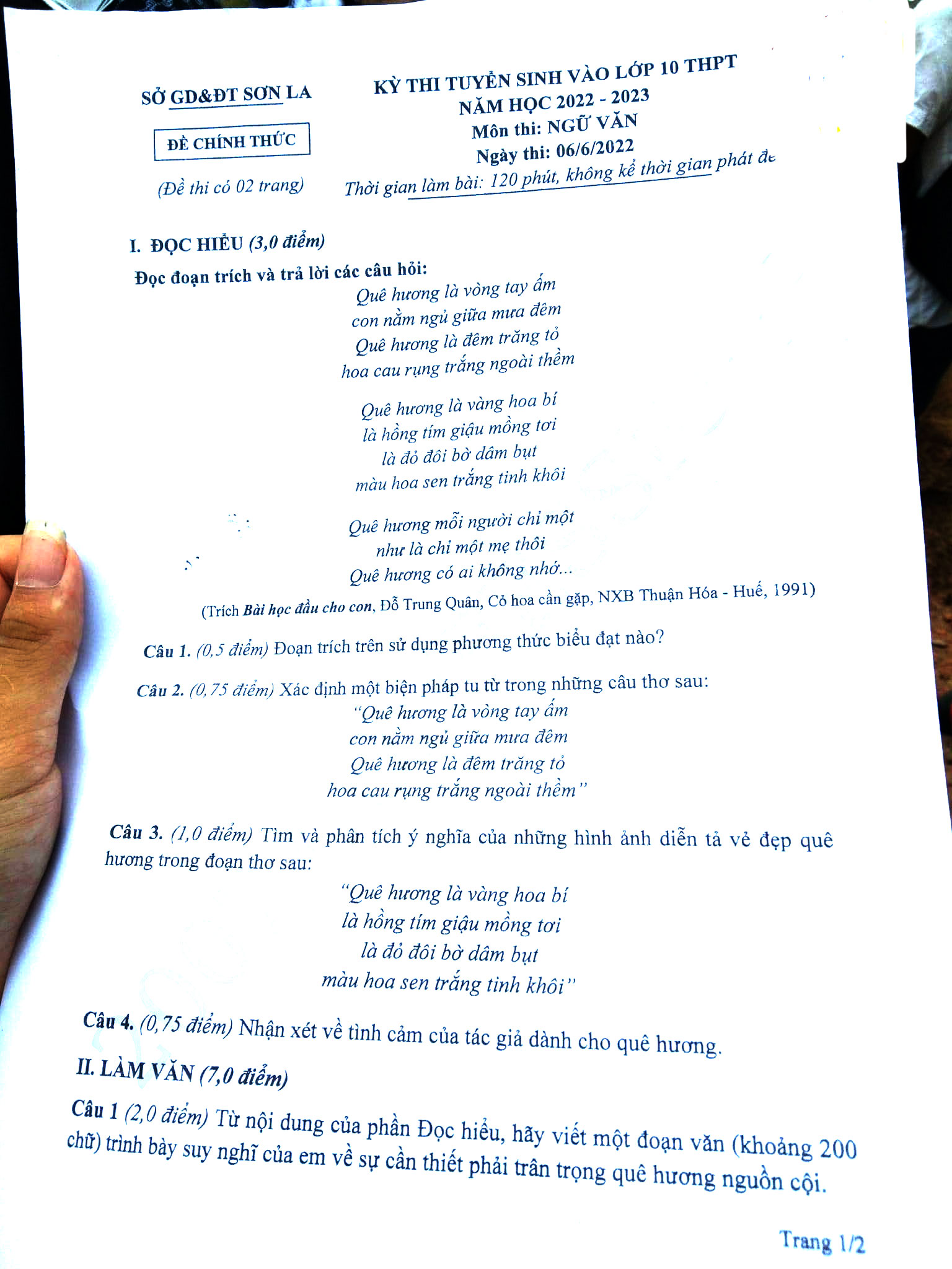 Đáp án thi vào 10 Văn Sơn La 