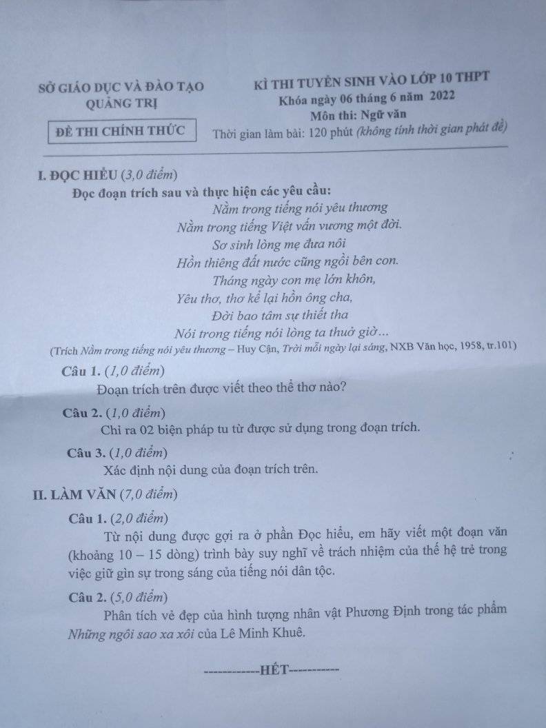 Đề thi vào 10 Văn Quảng Trị