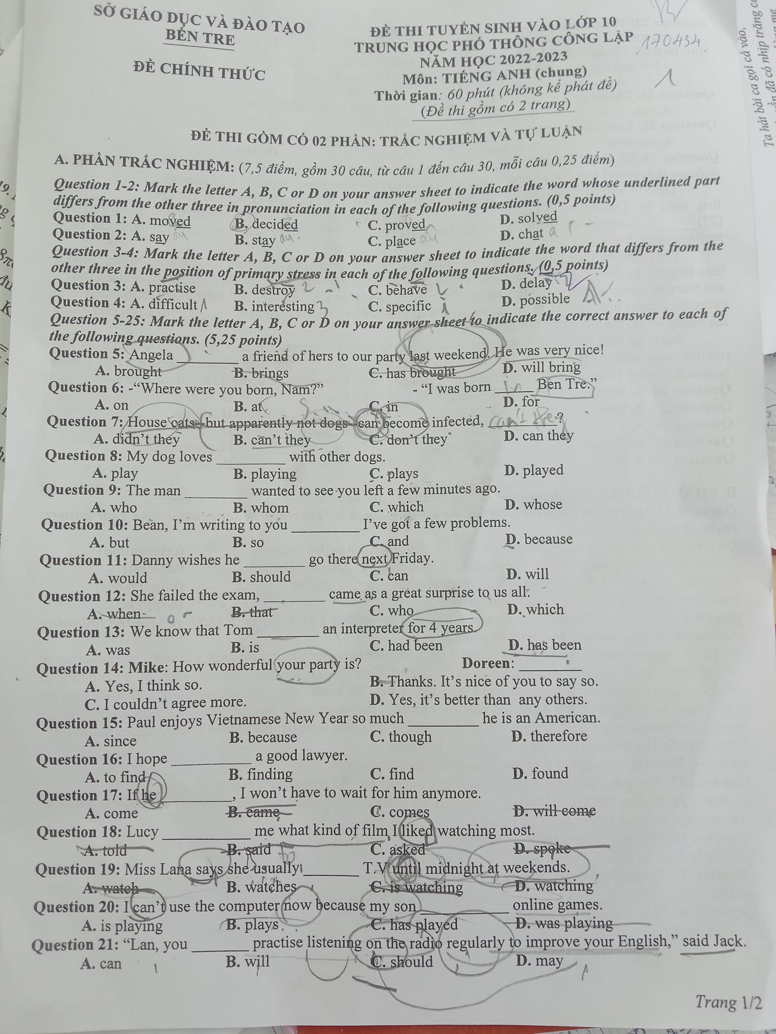 Đề thi vào 10 tiếng Anh Bến Tre 2022