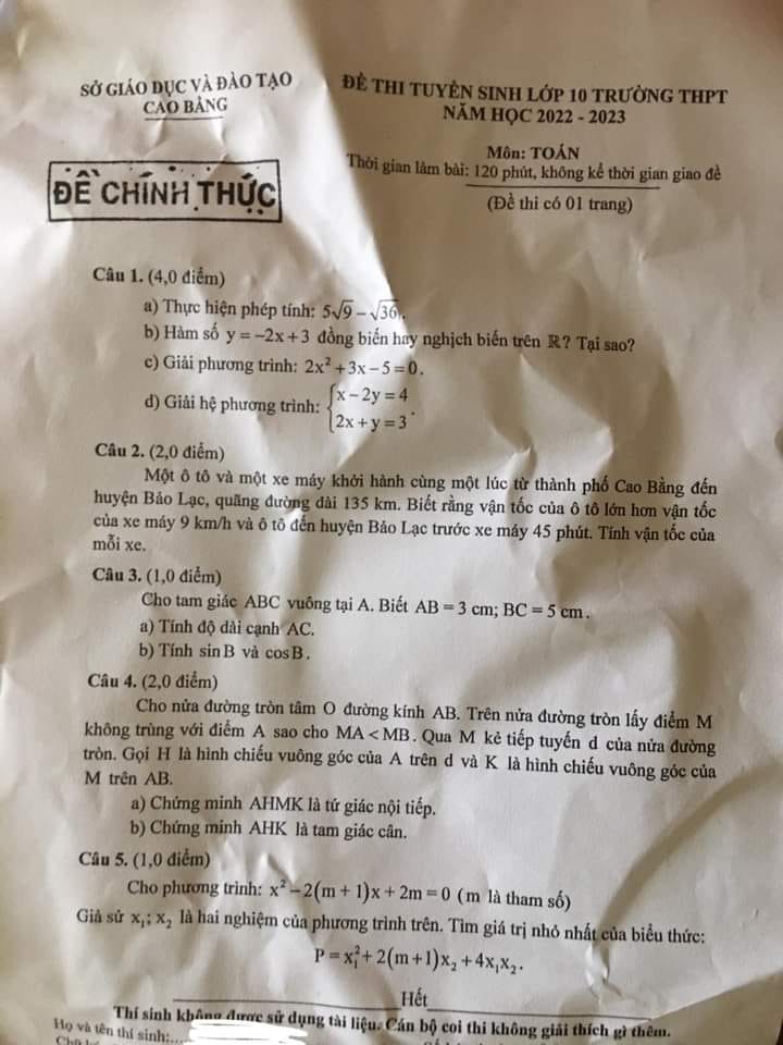 Đề thi vào lớp 10 môn Toán Cao Bằng