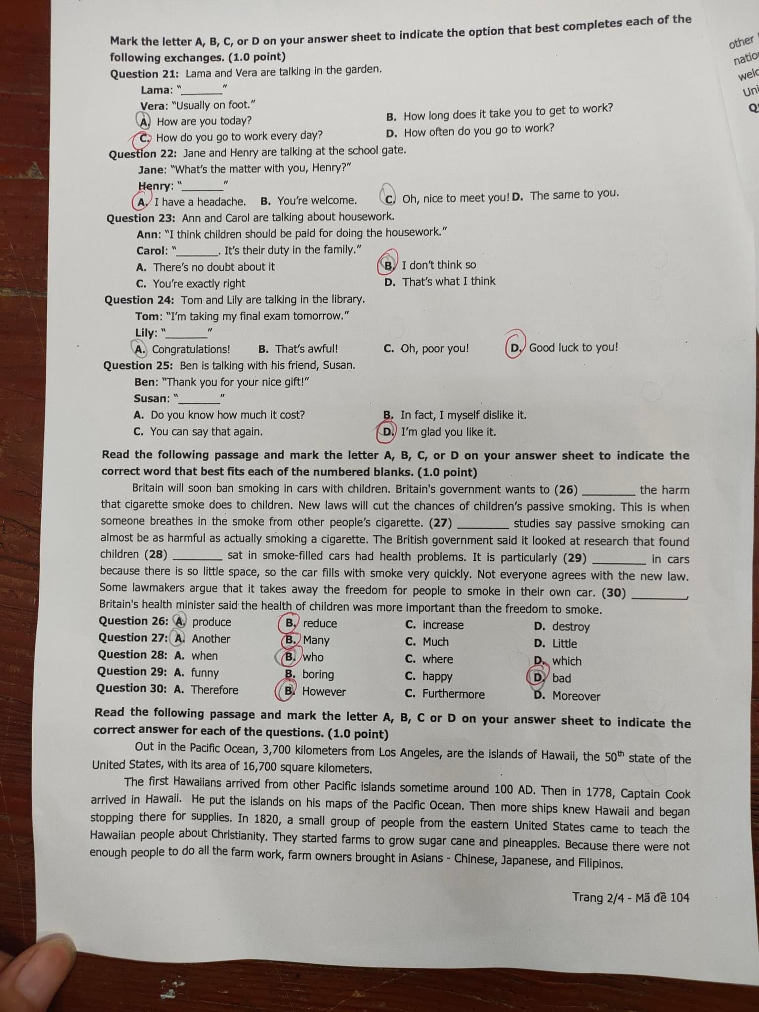 Đề thi môn Tiếng Anh vào lớp 10 Hải Dương năm 2022