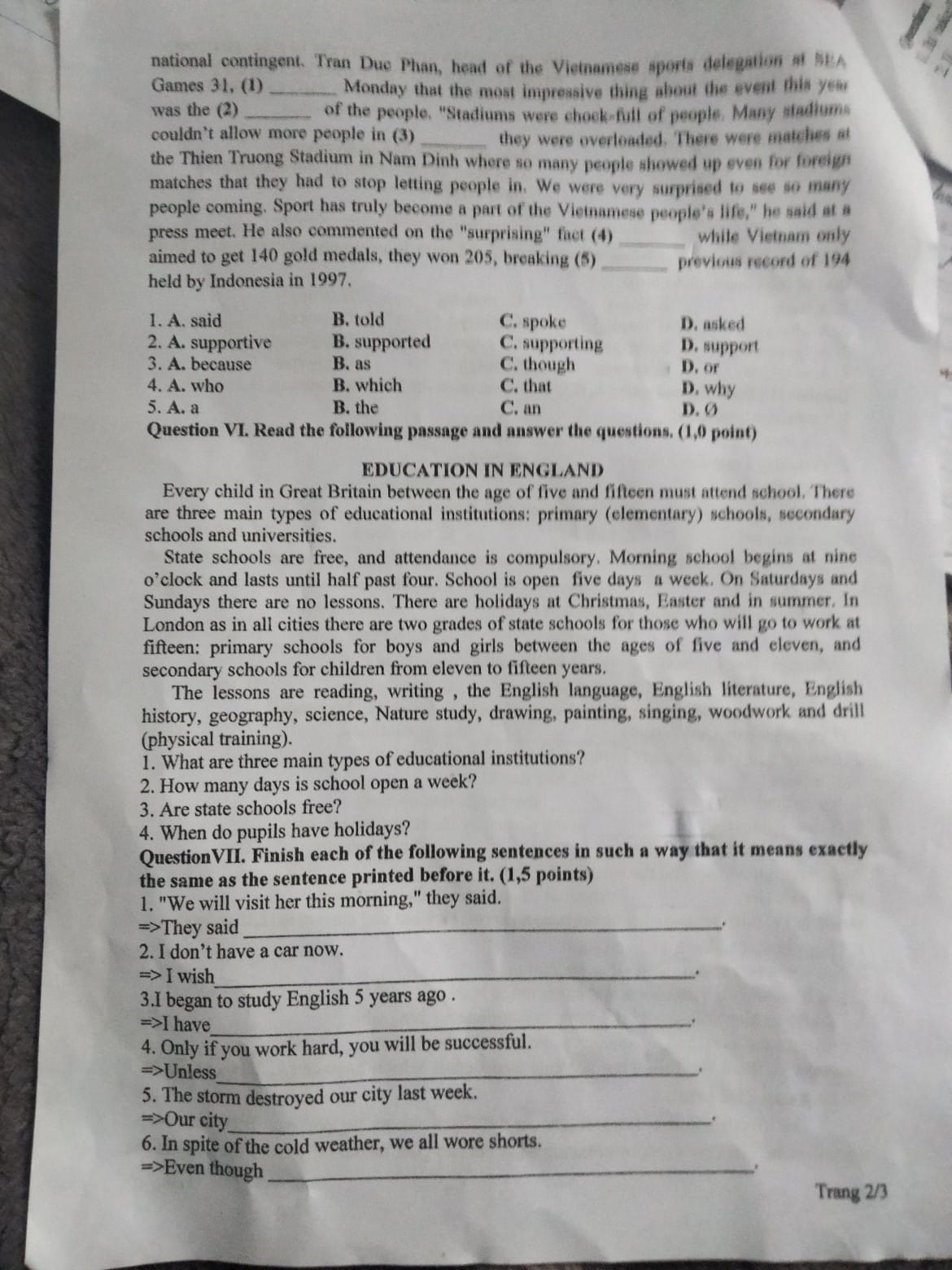 Đề thi vào 10 môn Anh Lai Châu 2022