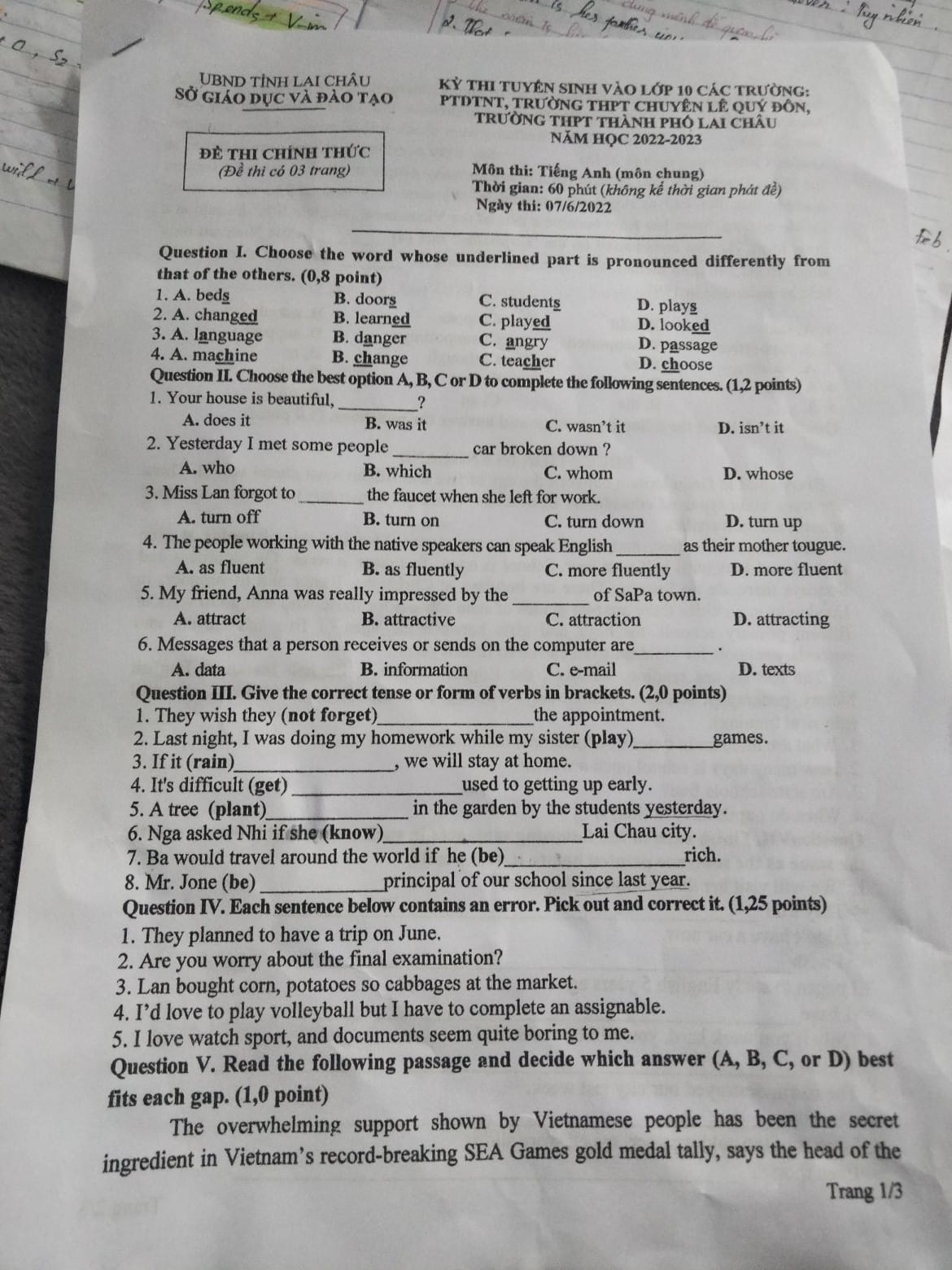 Đề thi vào 10 môn Anh Lai Châu 2022