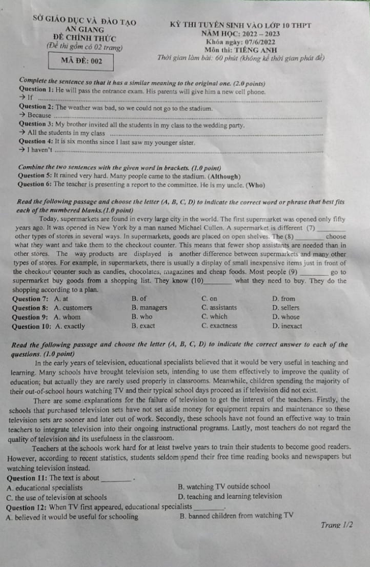 Đề thi vào 10 tiếng Anh An Giang 2022