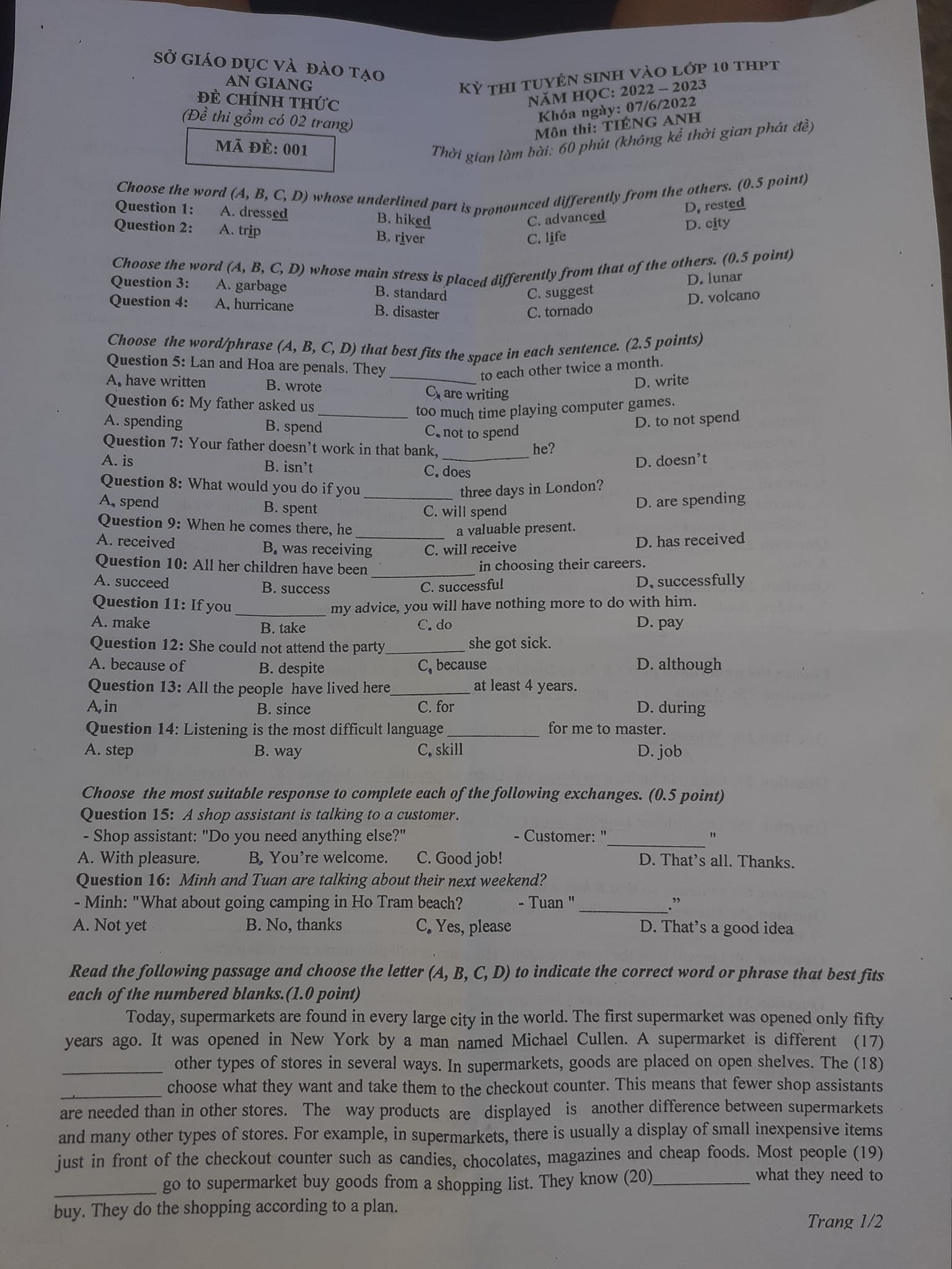 Đề thi vào 10 tiếng Anh An Giang 2022