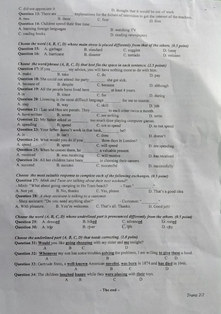 Đề thi vào 10 tiếng Anh An Giang 2022