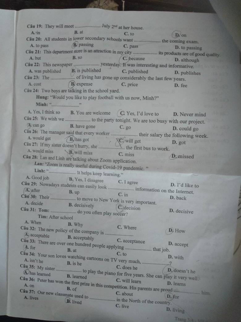 Đề thi vào 10 Tiếng Anh Yên Bái 2022